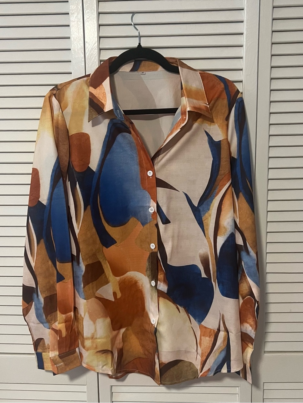 SHEIN Abstract Button-Front Blouse in Blue & Brown Tones